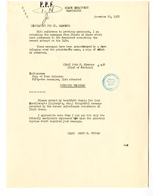 Memorandum from John F. Simmons to William D. Hassett with Attachments