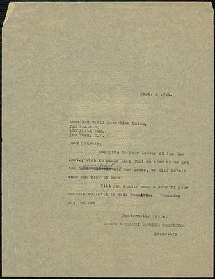 Sacco-Vanzetti Defense Committee typed note (copy) to Ida Epstein (American Civil Liberties Union), Boston, Mass., September 3, 1926