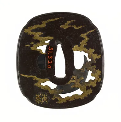 Tsuba with Hawk, Crescent Moon and Clouds