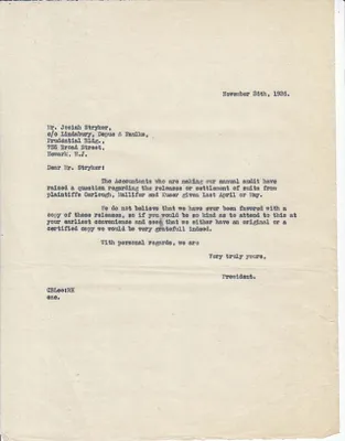 Letter Sent to Josiah Stryker, November 26, 1926