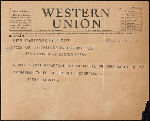 Esther Lowell telegram to Sacco-Vanzetti Defense Committee, New York, N.Y., August 4, 1927