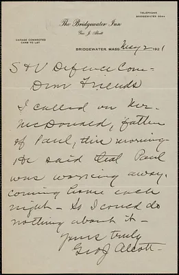 George J. Alcott autograph letter signed to Sacco-Vanzetti Defense Committee, Bridgewater, Mass., May 2, 1921
