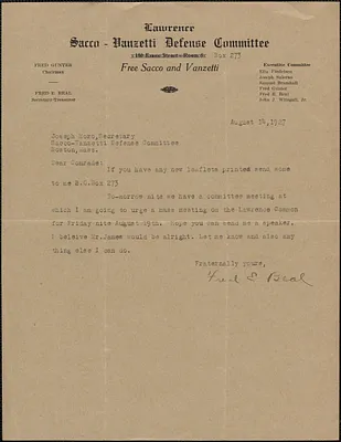 Fred E. Beal (Lawrence Sacco-Vanzetti Defense Committee) typed note signed to Joseph Moro, Lawrence, Mass., August 14, 1927