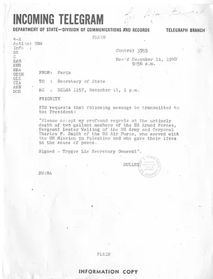 Telegram from John Foster Dulles to Secrertary of State George C. Marshall