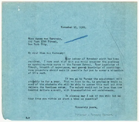 Letter from the Director of the Nursing Service to Agnes von Kurowsky