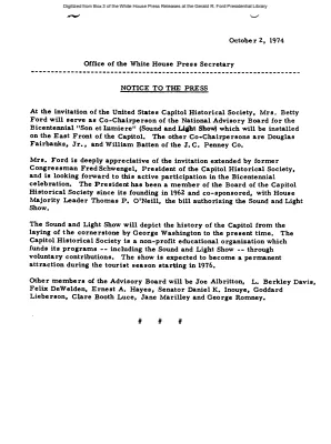 Bicentennial "Son et Lumiere" Committee, Mrs. Betty Ford to serve as Co-Chairperson [Notice to Press]