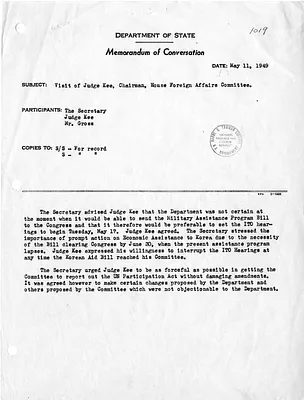 Memorandum of Conversation with Secretary of State Dean Acheson and Congressman John Kee