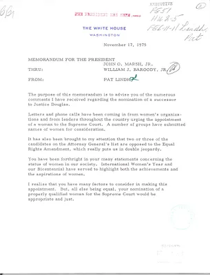 Memorandum from Pat Lindh to President Gerald R. Ford Regarding the Possibility of Nominating a Woman to the Supreme Court