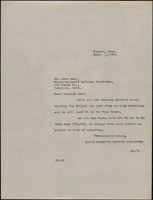Sacco-Vanzetti Defense Committee typed note (copy) to Fred E. Beal (Lawrence Sacco-Vanzetti Defense Committee), Boston, Mass., September 8, 1927