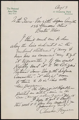 Charles Ferguson autograph letter signed to Sacco-Vanzetti Defense Committee, New York, N.Y., August 13, 1927