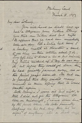 Richard Martin autograph letter signed to John Biddulph Martin, [Tewkesbury, England], March 18, 1897