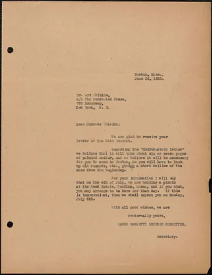 Sacco-Vanzetti Defense Committee typed letter (copy) to Art Shields (The Federated Press), Boston, Mass., June 26, 1925
