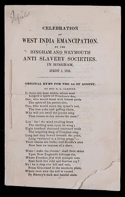 Celebration of West India emancipation by the Hingham and Weymouth anti-slavery societies, Hingham, August 1, 1842