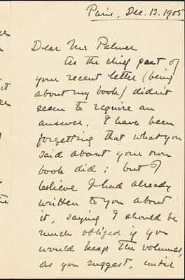 Santayana, George, 1863-1952 autograph letter signed to George Herbert Palmer, Paris, 13 December 1905