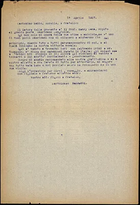 Bartolomeo Vanzetti typed letter (copy) to Giovanni Battista Vanzetti, [Dedham], 17 April 1927