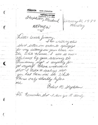 Letter from President Carter's Nephew Michael Stapleton