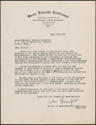 Ada Rosenfelt (Sacco Vanzetti Conference) typed letter signed to Sacco-Vanzetti Defense Committee, Philadelphia, Pa., May 17, 1927