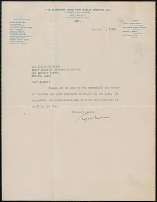Roger N. Baldwin (The American Fund for Public Service, Inc.) typed note signed to Aldino Felicani, New York, N. Y., October 1, 1926