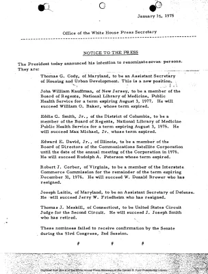President Nominates Thomas G. Cody, John William Kauffman, Eddie G. Smith, Jr., Edward E. David, Jr., Robert J. Corber, Joseph Laitin, and Thomas J. Meskill to various positions [Position Appointments and Resignations]