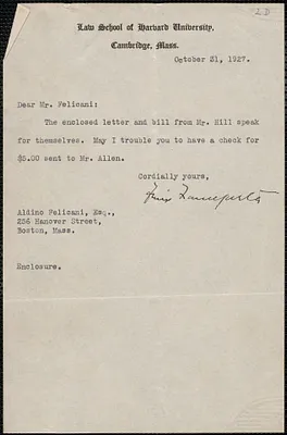 Felix Frankfurter typed note signed to Aldino Felicani, Cambridge, Mass., October 31, 1927