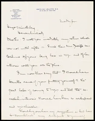 Jelliffe, Smith Ely, 1866-1945 autograph letter signed to Hugo Münsterberg, New York, [May] 1910