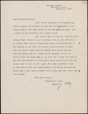 Harry Kelly typed letter signed to [Aldino] Felicani, Peekskill, N. Y., August 12, 1933