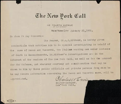 Charles Erwin (New York Call) typed note signed, New York, N. Y., January 21, 1922