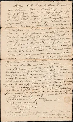 Deed of pew conveyance for pew owner Church C. Trouant, yeoman of Marshfield