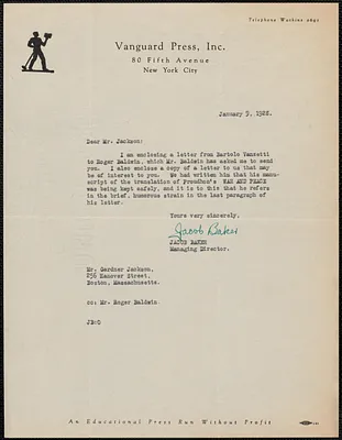 Jacob Baker (Vanguard Press, Inc.) typed note signed to Gardner Jackson, New York, N. Y., January 9, 1928