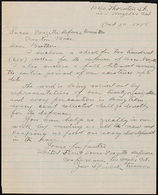 Joseph Spivak (United Front Sacco-Vanzetti Defense Conference) autograph letter signed to Sacco-Vanzetti Defense Committee, Los Angeles, Calif., October 30, 1926