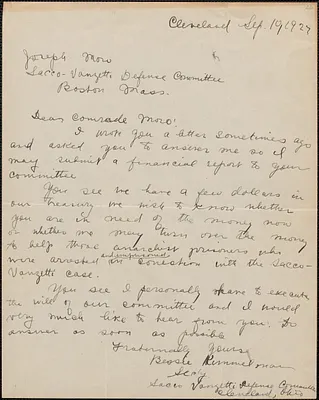 Bessie Kimmelman (Sacco-Vanzetti Defense Committee, Cleveland) autograph letter signed to Joseph Moro, Cleveland, Ohio, September 10, 1927
