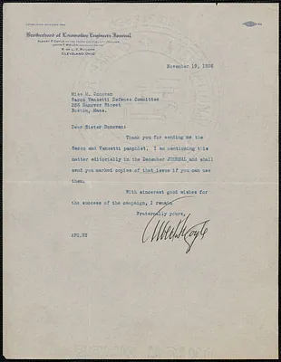 Albert F. Coyle (Brotherhood of Locomotive Engineers Journal) typed letter signed to Mary Donovan, Cleveland, Ohio, November 19, 1926