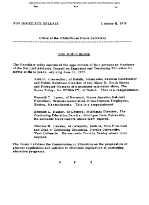 Appointment of Ruth C. Crasweller, Kenneth T. Lyons, Armand L. Hunter, and Charles H. Lawashe as Members of the National Advisory Council on Extension and Continuing Education [Position Appointments and Resignations]
