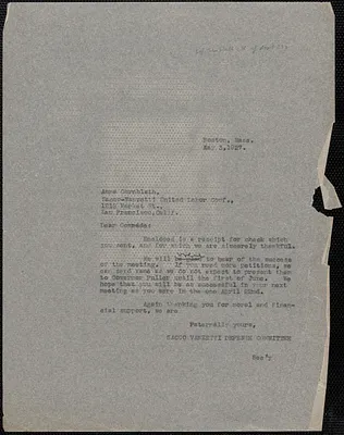 Sacco-Vanzetti Defense Committee typed letter (copy) to Anna Cornblath, Boston, Mass., May 3, 1927
