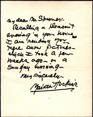Marian Huckiar to John [mistake for James] Spooner w/envelope postmarked Feb. 25 1943 and photo negative enclosed