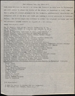 William E. Mickell et al typed letter (copy) to [Alvan T.] Fuller, Philadelphia, Pa., May 18, 1927
