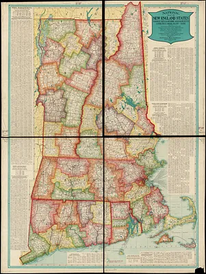 National map of New England states Vermont, New Hampshire, Massachusetts, Connecticut, Rhode Island and Maine showing counties in different colors, towns, cities, villages and post offices, steam and electric railways with stations and distances between stations and other features, complete index to all places on map with population according to census of 1910
