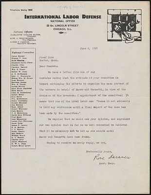 Rose Karsner (International Labor Defense) typed letter signed to Joseph Moro, Chicago, Ill., June 6, 1927