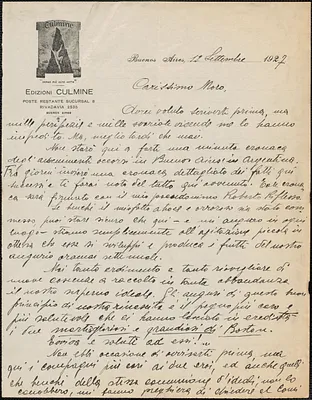 Severino Di Giovanni (CULMINE) autograph letter signed, in Italian, to Joseph Moro, Buenos Aires, Argentina, September 12, 1927