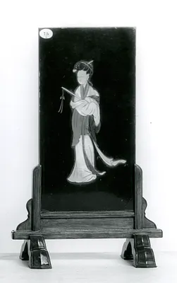 Lacquer table screen & wooden stand; Female figure with poem on reverse