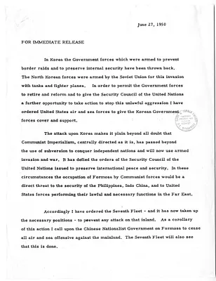 Draft of Press Release, Statement by President Harry S. Truman, with Related Notes