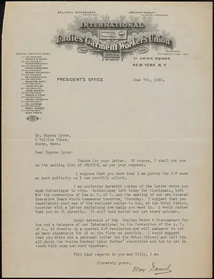 Max Danish (International Ladies' Garment Workers Union) typed letter signed to Eugene Lyons, New York, N. Y., June 7, 1922