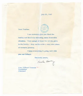 Letter to Pauline Truman from President Harry S. Truman, with Attachment