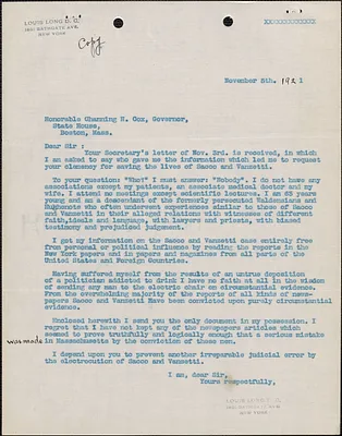 Louis Long typed letter (copy) to Channing H. Cox, New York, N. Y., November 5, 1921