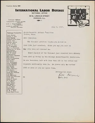 Rose Karsner (International Labor Defense) typed note signed to Sacco-Vanzetti Defense Committee, Chicago, Ill., 3 July 1927