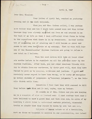 Bartolomeo Vanzetti typed letter (copy) to Gertrude L. Winslow, [Charlestown], 3 April 1927