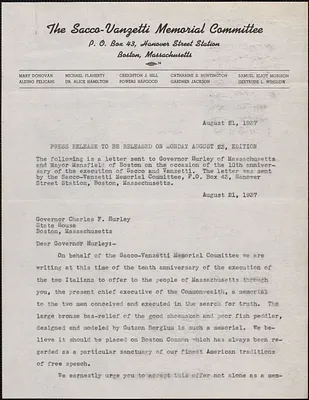 Gardner Jackson, Powers Hapgood, Mary Donovan, Aldino Felicani and Michael Flaherty press release, Boston, Mass., August 21, 1937