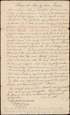 Deed of pew conveyance for pew owner Israel Carver, shipwright of Marshfield
