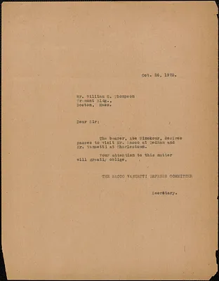 Sacco-Vanzetti Defense Committee typed note (copy) to William G. Thompson, Boston, Mass., October 26, 1925
