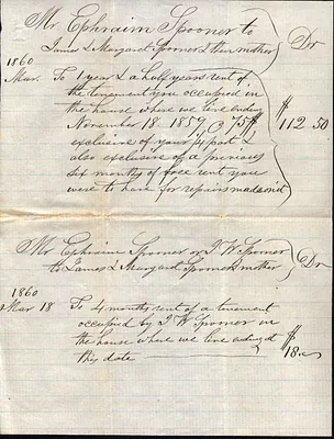 Bill to Ephraim Spooner [owed to James and Margaret Spooner] March 18, 1860